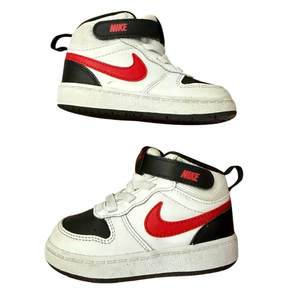 Nike Kids' Court Borough Mid 2 White and Black Sneakers w/ Red Accents-Size 6C